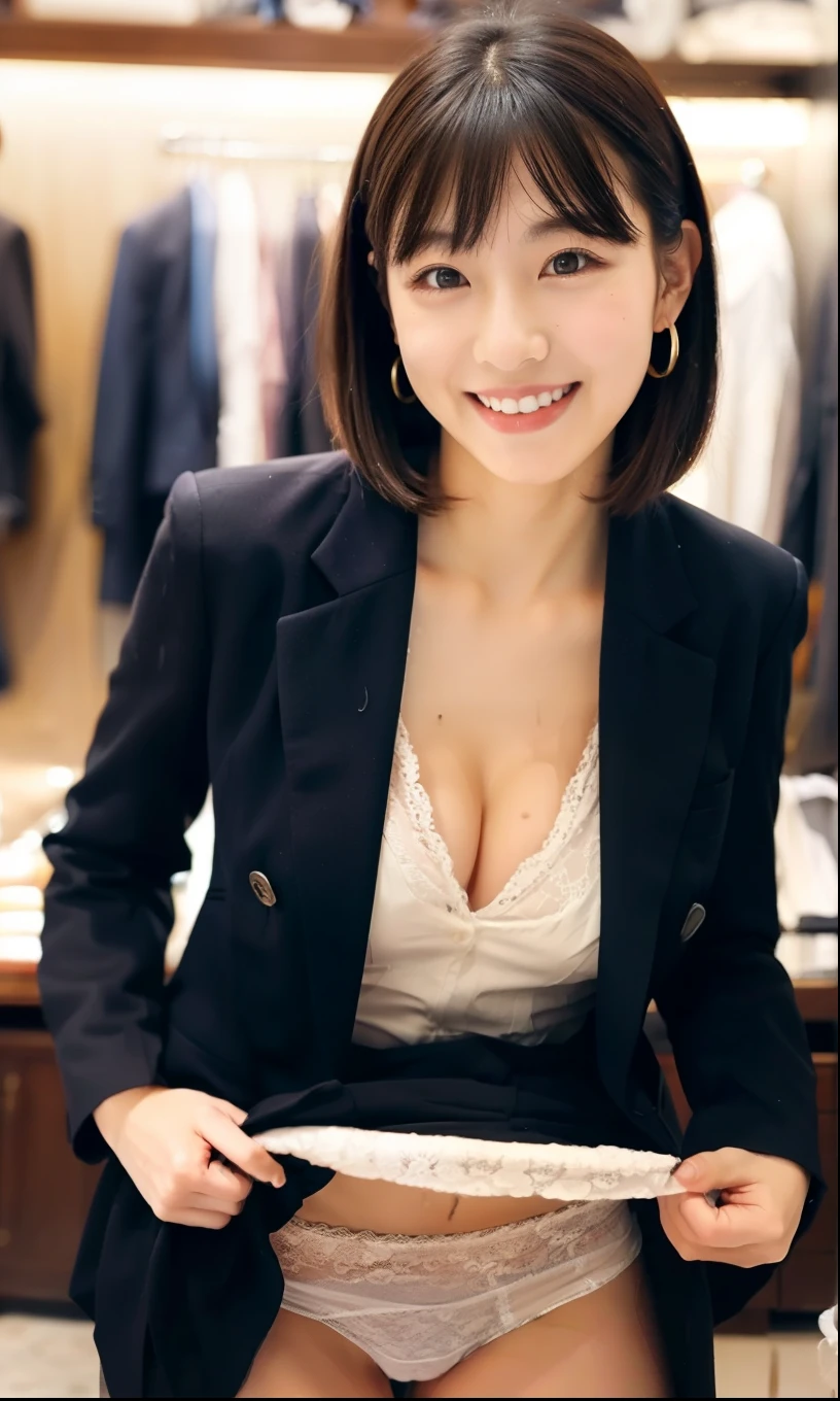 leaning forward:1,bent over,Inside a suit shop,(The skin is wet from sweat),Wearing a shirt:1.2,Suits lined up,(Put your hands forward),looking at the camera,Cleavage,A big smile,Skirt Lift、Lift your skirt with your hands,woman, 20-year-old, Short Hair、bangs、(Plain suit skirt),(White lace panties)、Cute earrings