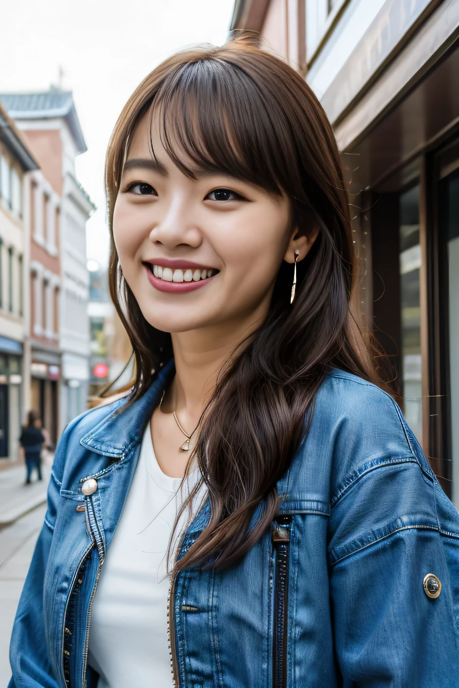 Highest quality, masterpiece, Ultra-high resolution, Beautiful Korean Women、smile、Beautiful teeth alignment、、Wavy Hair、leather jacket、shirt、Ear piercing、necklace、The background is a street in town. 
