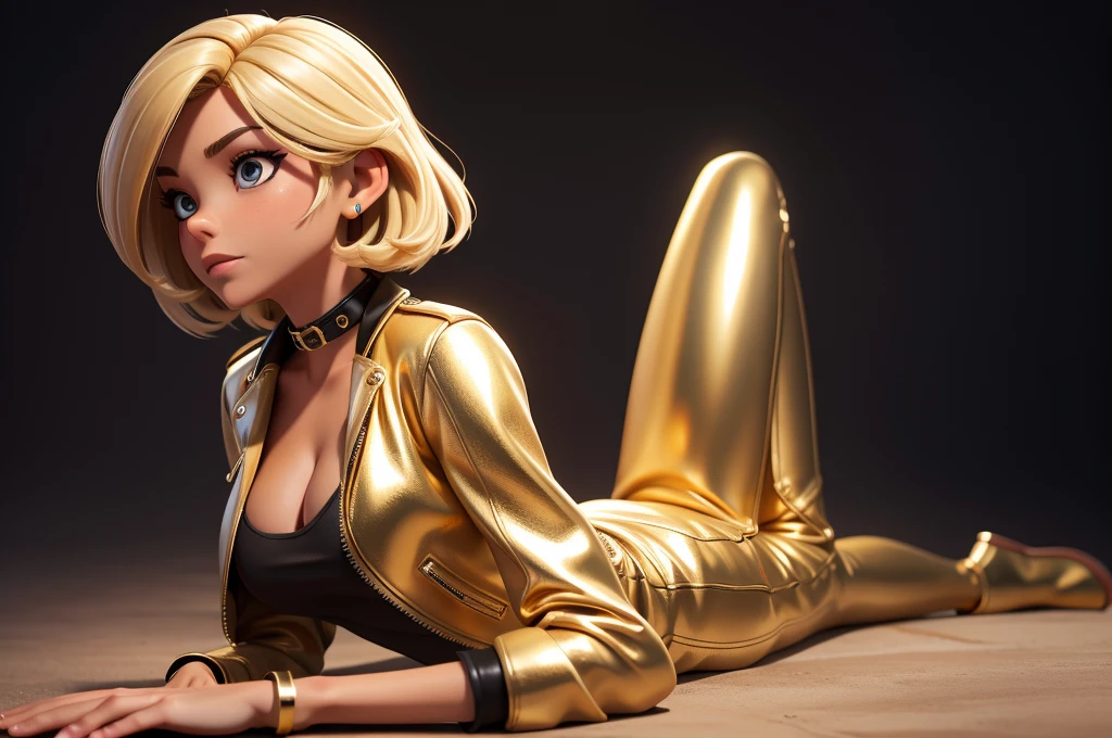 obra prima, melhor qualidade, ((only one woman,)) ((elizabeth pipko, dark tan skin, blonde bob hair,)) erect cone tits, ((wearing shiny gold leather biker moto jacket,)) ((jacket has padded shoulders, jacket has stiff high collar,)) (((wearing shiny gold leather pants,))) body is very skinny, ((laying down, resting on one hip,)) ((camera back of body view,)) shallow depth of field, highres, HD, 8k, anatomically correct