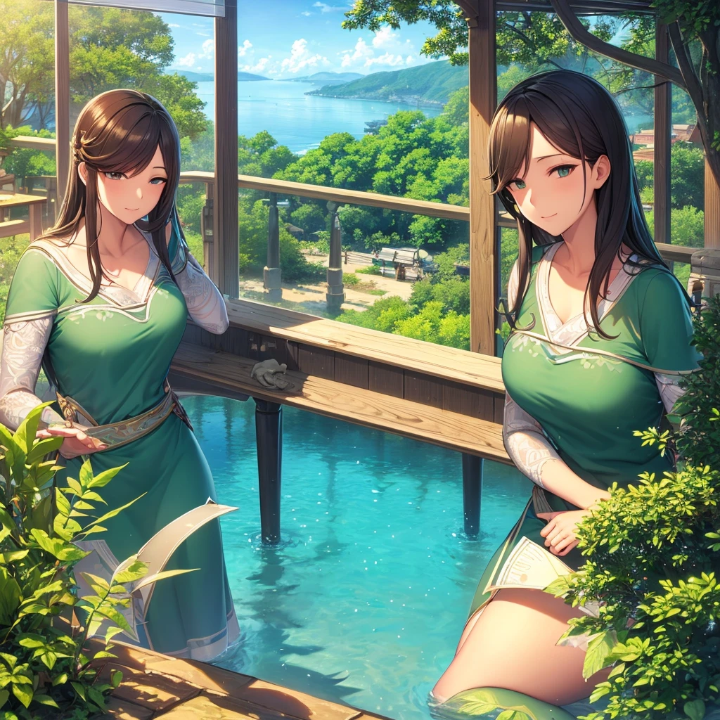 Detailed, high quality, Two green turtles and white chickens stand on the calm water surface、静かな池のlandscape, (最high quality,8k,High resolution,masterpiece:1.2),非常にDetailed,Realistic,photoRealistic,photo-Realistic:1.37),High resolution,超High resolution,Studio Lighting,Ultra-fine painting,Sharp focus,Physically Based Rendering,非常にDetailed説明,Professional,Vibrant colors,Bokeh,nature,landscape,hyper-Realistic,Lush greenery,Calm water,Reflective surface,Detailed爬虫類,Detailed鳥,nature光,Atmospheric
