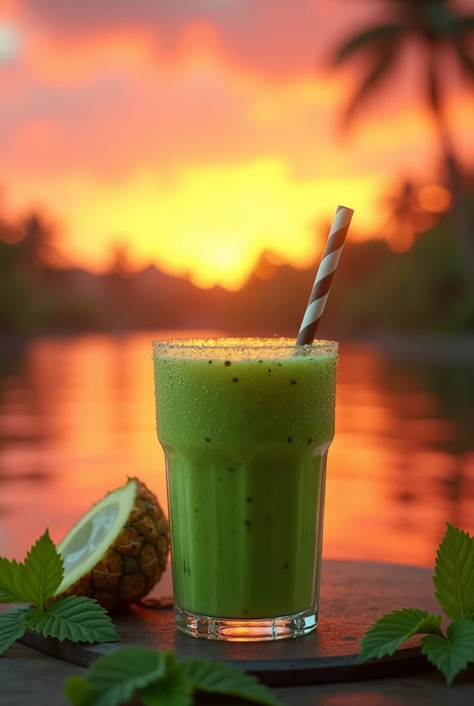 Pineapple coconut smoothie with spirulina outdoors with a beautiful sunset