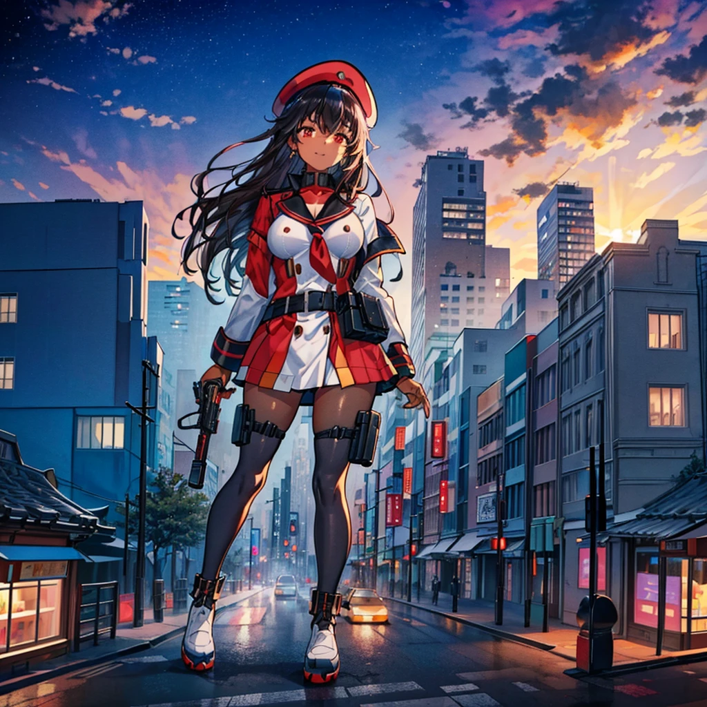Composition viewed from below ((evening)) ((sunset)) cumulonimbus masterpiece Anime Style Delicate painting 4K 90's giant 複数のcrowd ((Black Hair)) ((Sunburn)) ((Brown skin)) Metropolis crowd Crowd of people ((A giant girl in military uniform standing in the valley between skyscrapers)) Metropolis Tokyo Akihabara Electric Town Big Breasts Her underwear is visible Sweating profusely Splash Military boots Black Stockings military cap Guard Belt Pistol White socks watch Black Hair smile female giant giant girl Whole body Crowd Unreal Engine,cleavage ,a drawing of a , earrings, long hair,Cute picture Beauty Analog style whole body sneakers