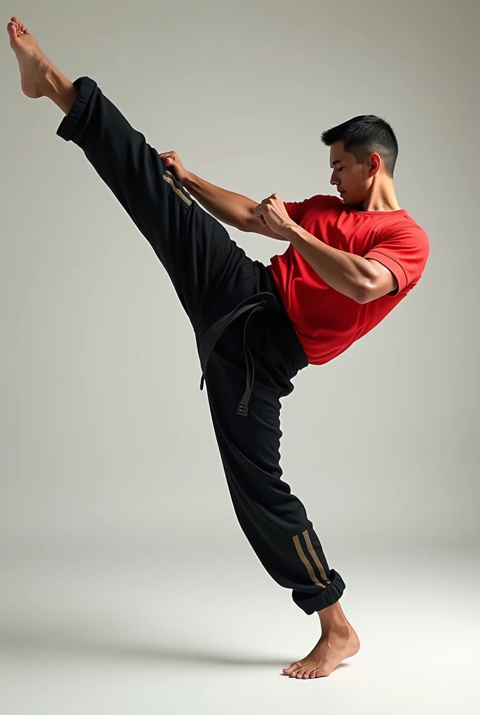 (photorealism:1.2), Man kicking super high in red shirt, black belt black sweatpants with black stripes, barefoot