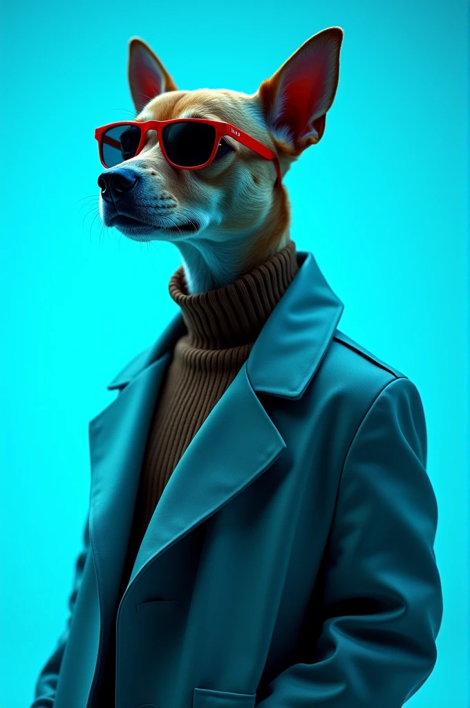 The best cell phone wallpaper, Award-Winning Wallpaper, portrait photography, In the front view is a portrait of a cute dog wearing mid-1960s space age fashion, Side view photo, Shot with Canon EOS R5, Set a strong contrast that accentuates the subject, Fluorescent blue tone, Wearing a very modern coat and sunglasses is a modern 1960s style, Clothes all in one color, beautiful background