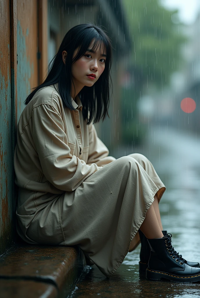 (photorealism:1.2), Japanese woman, 40 years old, a little fat woman, not looking at camera, some spots on the face, not putting on make-up, sitting in the rain, wearing wet dress and skirt and Dr.Martens ancle boots, black long straight, outdoors, soft lighting, relaxed pose, realistic, intricate details, cool colors, some distance from Camera