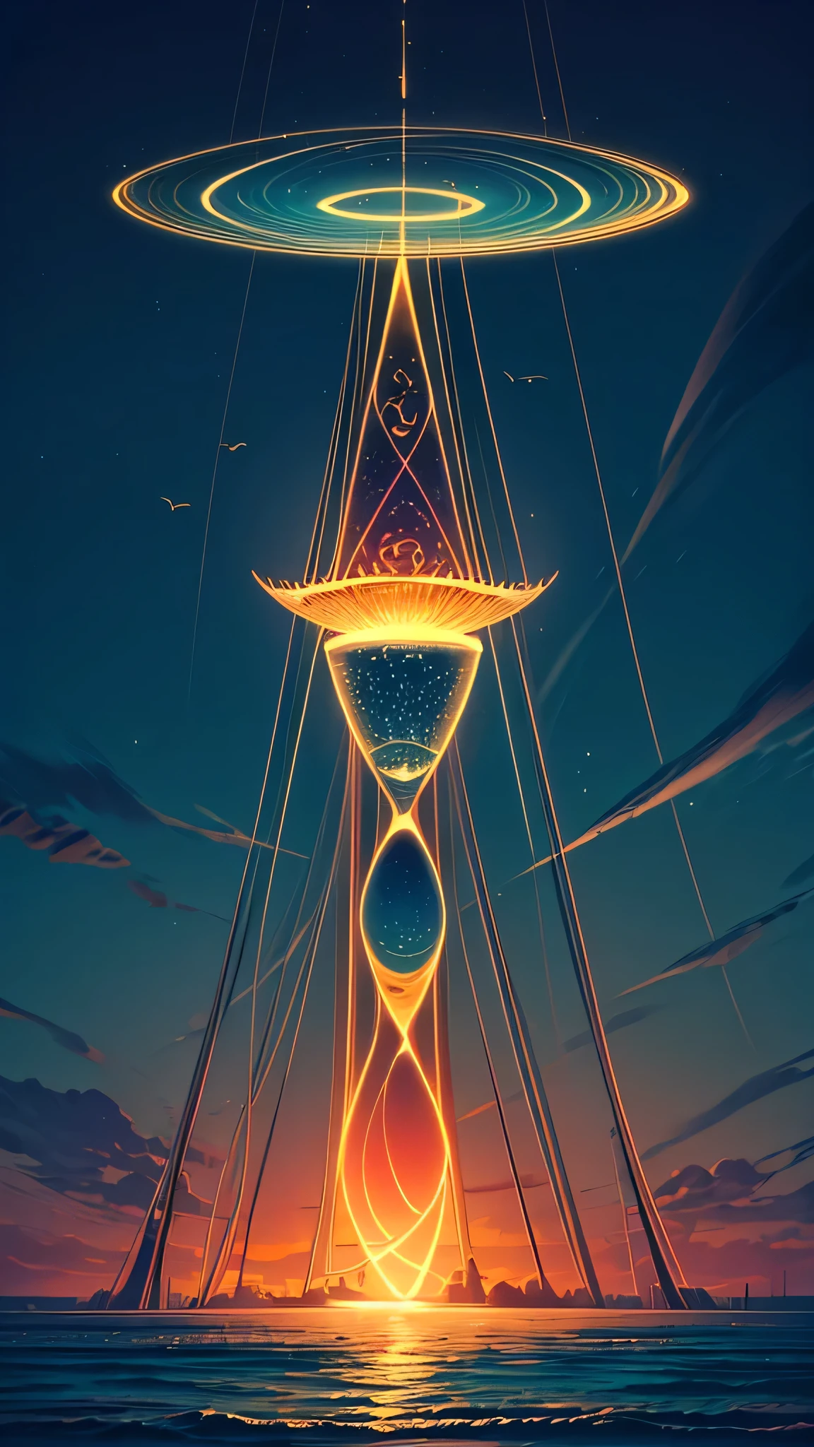 (better lighting, best shade, work of art, high qualiy), colorfully, spirited, Summer feeling, many bright colors, Imagine an extraordinary scene where a colossal hourglass stands in the midst of a vast blue sea, Its sands flowing in shades of pink. High above, A vibrant yellow sun hangs high in a midday blue sky, Casting its warm glow upon the tranquil waters.

The giant hourglass, With its intricate sculptures and imposing structure, It is a mesmerizing sight set against the backdrop of the blue sea. The sand within glows with a soft pink hue, captando a luz dO Sol que cai em cascata de uma lâmpada para a outra de forma constante, Hypnotic rhythm.

The sea that surrounds the hourglass stretches to the horizon, sua superfície brilhando aO Sol do meio-dia. Gentle waves lap against the shore, Creating a gentle melody that harmonizes with the rhythmic flow of the hourglass.

High above, The sky is a vast expanse of cerulean blue, Interrupted only by an occasional wisp of cloud. O Sol, A radiant orb of golden light, Bathes the scene with warmth, Inviting glow, Illuminating the tranquil waters and casting long shadows on the sand.

In this surreal and captivating landscape, The giant hourglass serves as a symbol of the passage of time, suas areias fluindo inexoravelmente enquanto O Sol se curva no céu. It is a scene that evokes a sense of awe and tranquility, Inviting contemplation of the beauty and mystery of the natural world.