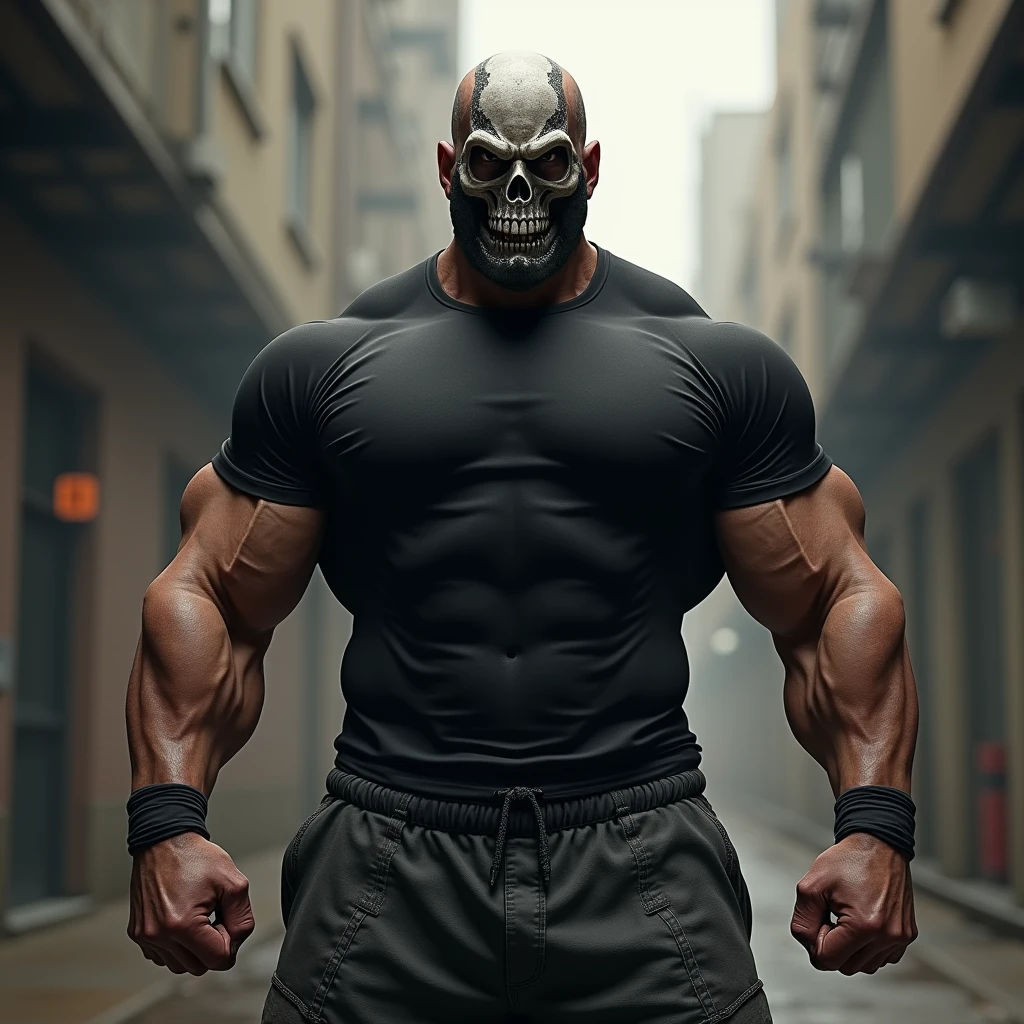 Create an image of a shirtless muscular Barbarian Giant with a mask like the Marvel Punisher, with horns, black pants and a black diagonal band going across the chest