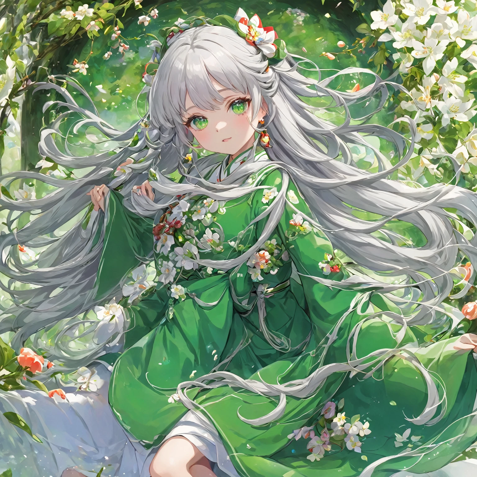 High definition、A pure and beautiful young girl in a shrine maiden's outfit、15age~18age、Long silver hair, half green、Full body portrait、Long-hemmed outfit、Large opal eyes、Powerful eyes、Flowers sprout from beneath your feet