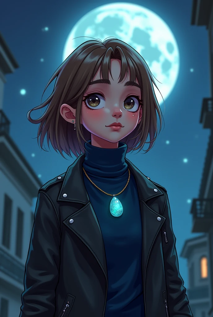 Young Brazilian human with alternative grunge style in normal clothes fascinated by Greek mythology and supernatural creatures, deep connection with the dark forces of the night, A horror RPG, mystery and investigation set in modern times, the basic image, occultist, medium hair, light brown hair color, very fair skin, moonstone necklace, at night with the moon, usually happy, wearing a navy blue long sleeve turtleneck shirt, leather jacket, outgoing, more Cartoon, artistry, animated cartoon, piercings, mysterious
