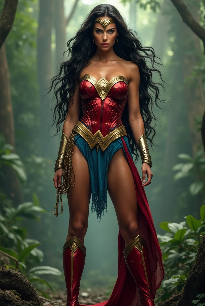 Adriana Lima under the mantle of the Amazon warrior Wonder Woman long black hair (((Red corset costume and light blue leggings with stars))),(((Red boots))),(((Diaema Wonder Woman on her forehead))),(((Long gold bracelets)))