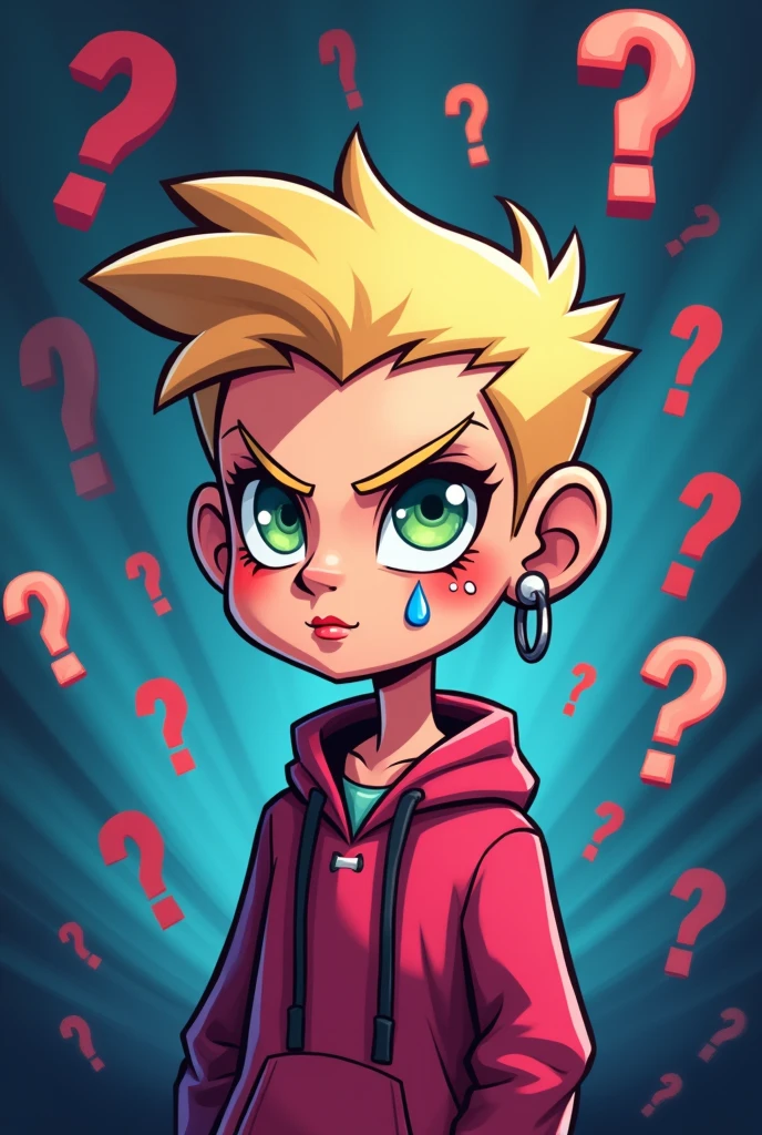 cartoon character, blonde with earring in one ear, tear tattoo on face, question marks around him