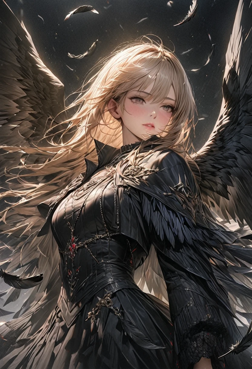 black angels、fallen Angel、Dark Angel、Fluttering in the wind、Has a big sword、(((masterpiece)), (Highest quality), (Ultra-high resolution), (Highest quality), (Super detailed), depth、Realistic depiction、SLR、Portraiture、Cowboy Shot、A world with a black background、Black wings、Black feathers flutter