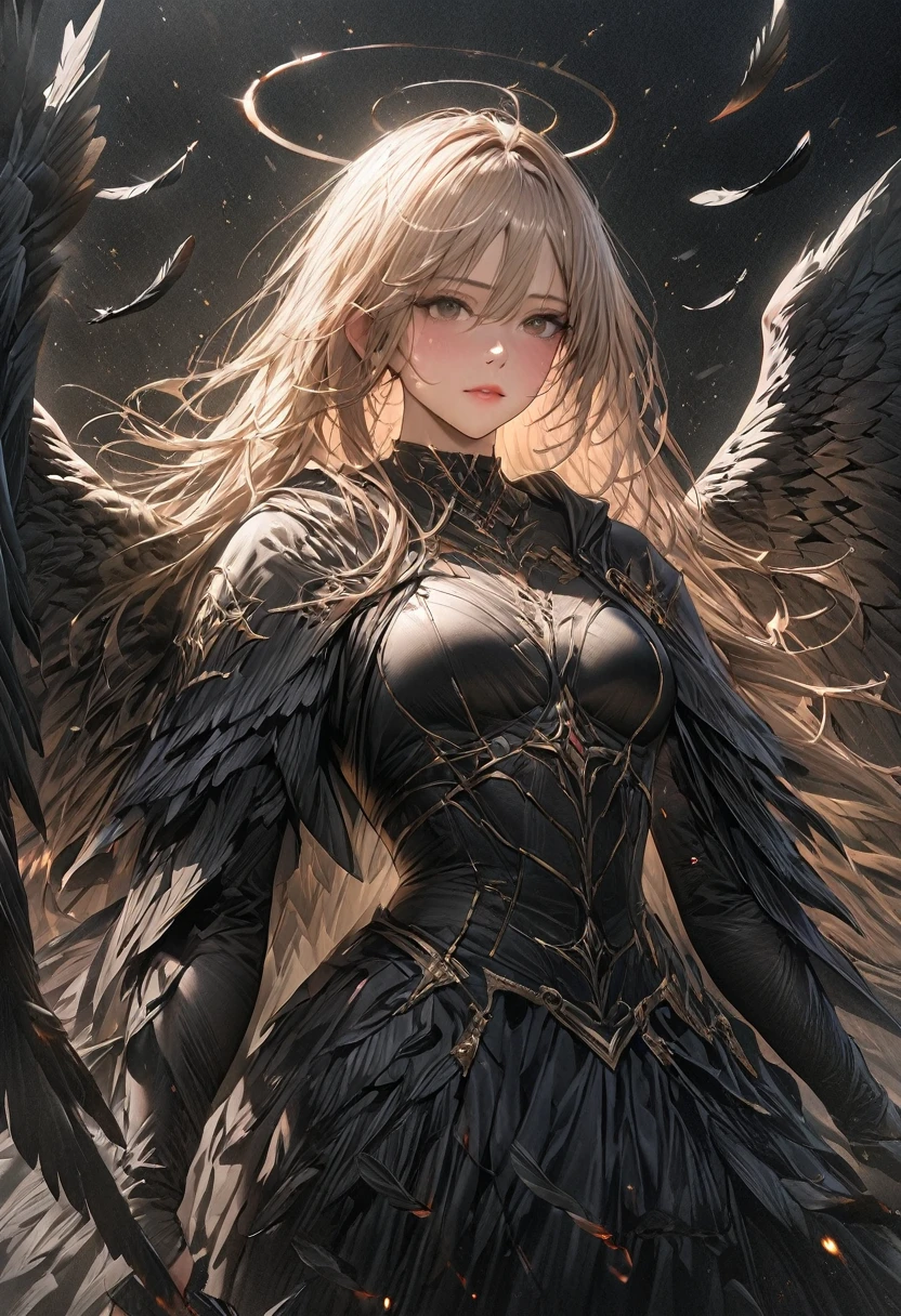 black angels、fallen Angel、Dark Angel、Fluttering in the wind、Has a big sword、(((masterpiece)), (Highest quality), (Ultra-high resolution), (Highest quality), (Super detailed), depth、Realistic depiction、SLR、Portraiture、Cowboy Shot、A world with a black background、Black wings、Black feathers flutter