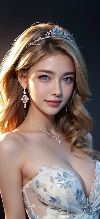 (((masterpiece)))、((Highest quality))、((超Realistic))、bride、wedding、Luxurious floral dresses、Lightly Dressed、A modest tiara、Earrings、necklace、Formal Wear、night景、illumination、blue eyes、blonde、short hair、Hair tied up、Full body photo、Sexy Face、short hair、 A look of complete lust、20-year-old women、perspective、Very detailed、The perfect temptation、Best image quality、Fine-grained image quality、beautiful、European women,Italian women,Japanese women, smile、blue eyes、jewelry, Realistic, High resolution, Glowing Skin, (Detailed face), night, blonde, Wavy Hair,attractive appearance, smile、C cup