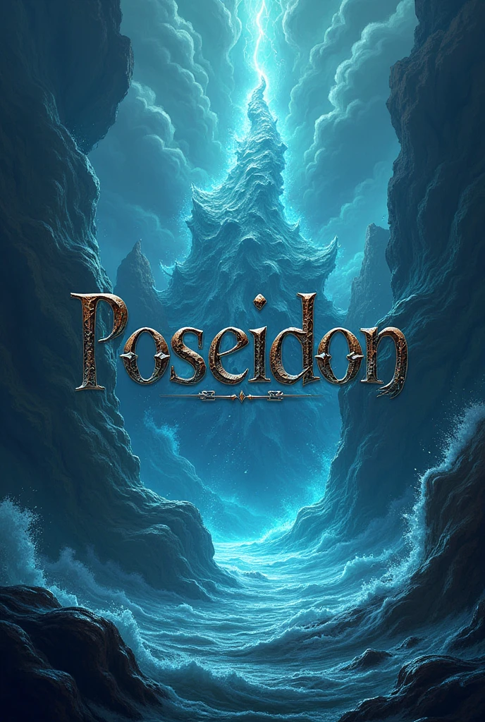 (logo:1.2),A logo with the name Poseidon written on it, with a fantasy world background. Just the text, no photos. 
