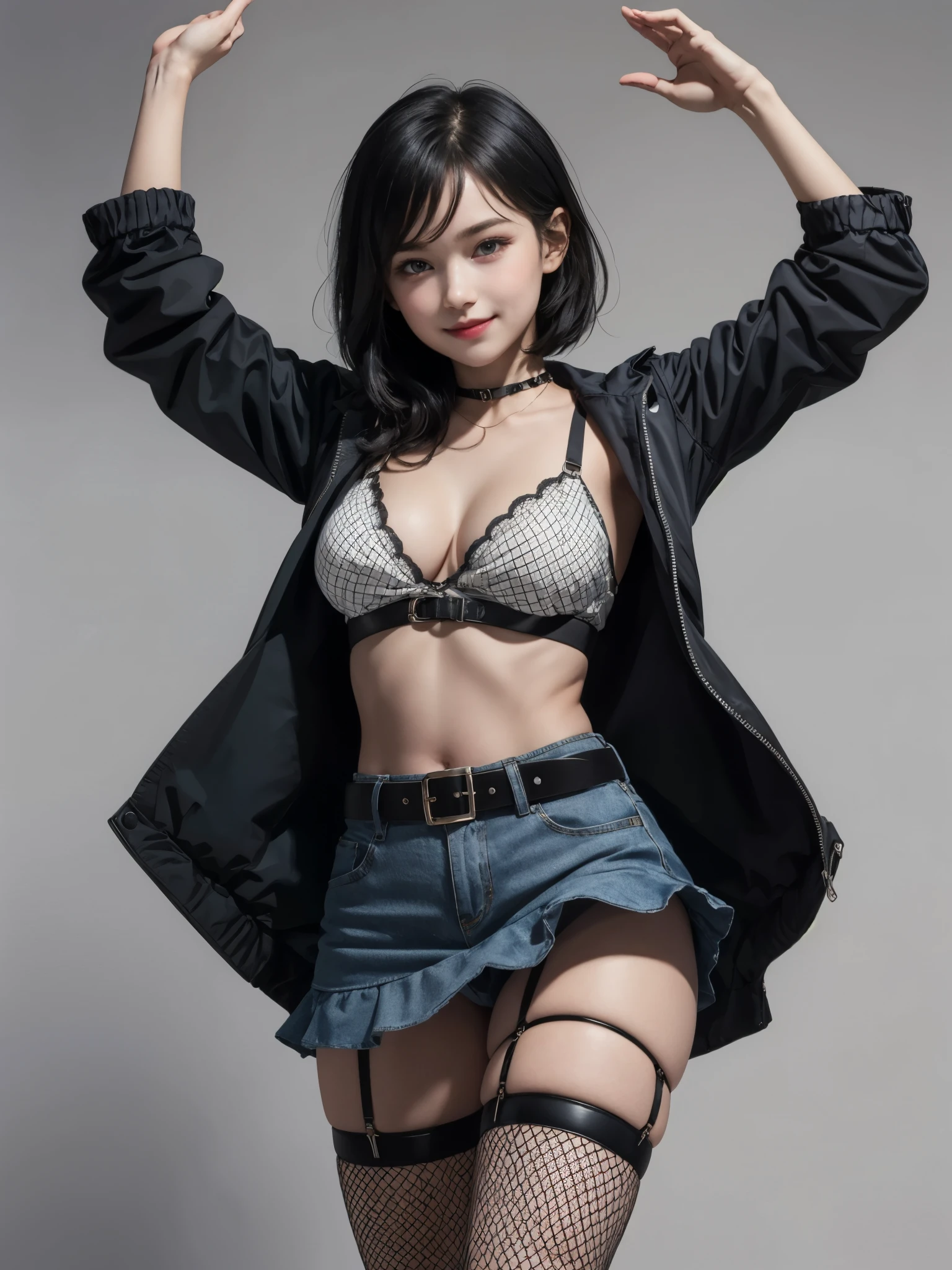 girl raised both her arms, BREAK, 1girl, medium wide shot, body tilt, raise both arms, gray worn jacket, long sleeves, white crop top, full breasts, (, cute:1.6), (breasts:1.2), black worn skirt, punk belt, thighs, (fishnet stocking:1.2), detailed face, looking at viewer, smirk, black hair,