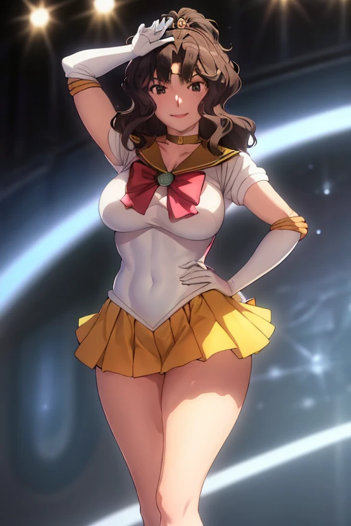 masterpiece, high definition, best quality, rendered art, well formed hands, fingers and body, 1 woman, solo, Kaoru Tanamachi, 31 years old, adult, grown up, wearing Sailor Moon's outfit, large and big breasted, cleavage, full body, sexy sailor senshi uniform, short blue skirt, red boots, gorgeous hips, legs and thighs, blond, white elbow gloves, sailor collar, tiara, earrings, dancing seductively and erotically, shaking her body, showing her back and front, wind lifting skirt, smiling joyfully and brightly, looking at the viewer, flirting, beach environment 