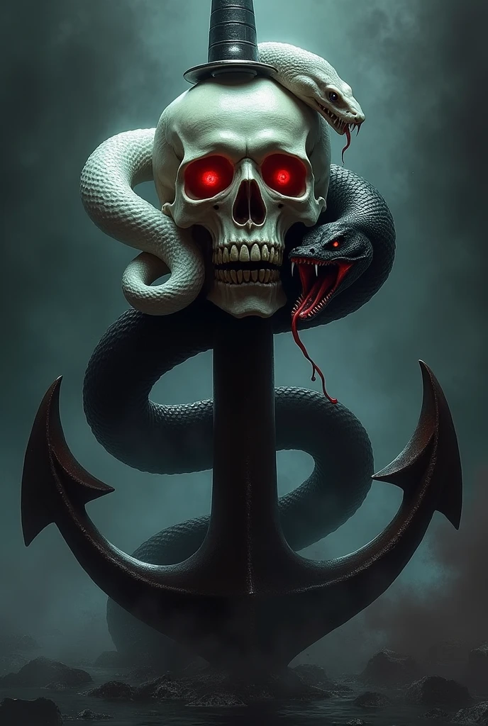 a skull head, on top of a ship's anchor.There is a completely white viper with red eyes and a completely black and red one. a knife stuck in the top of the skull. Everything very dark and scary. the snakes come out of the eye socket of the skull. they go around the anchor going up and entering under the skull. they come out through the eye holes, completing its turns in the sheath of the military knife. The black snake is lunging with its fangs towards the observer, while the white one is just looking, with the pupil frighteningly red.
dark skull eye. the black cobra head lunging appearing also. the knife stuck in the upper bone of the skull going through.