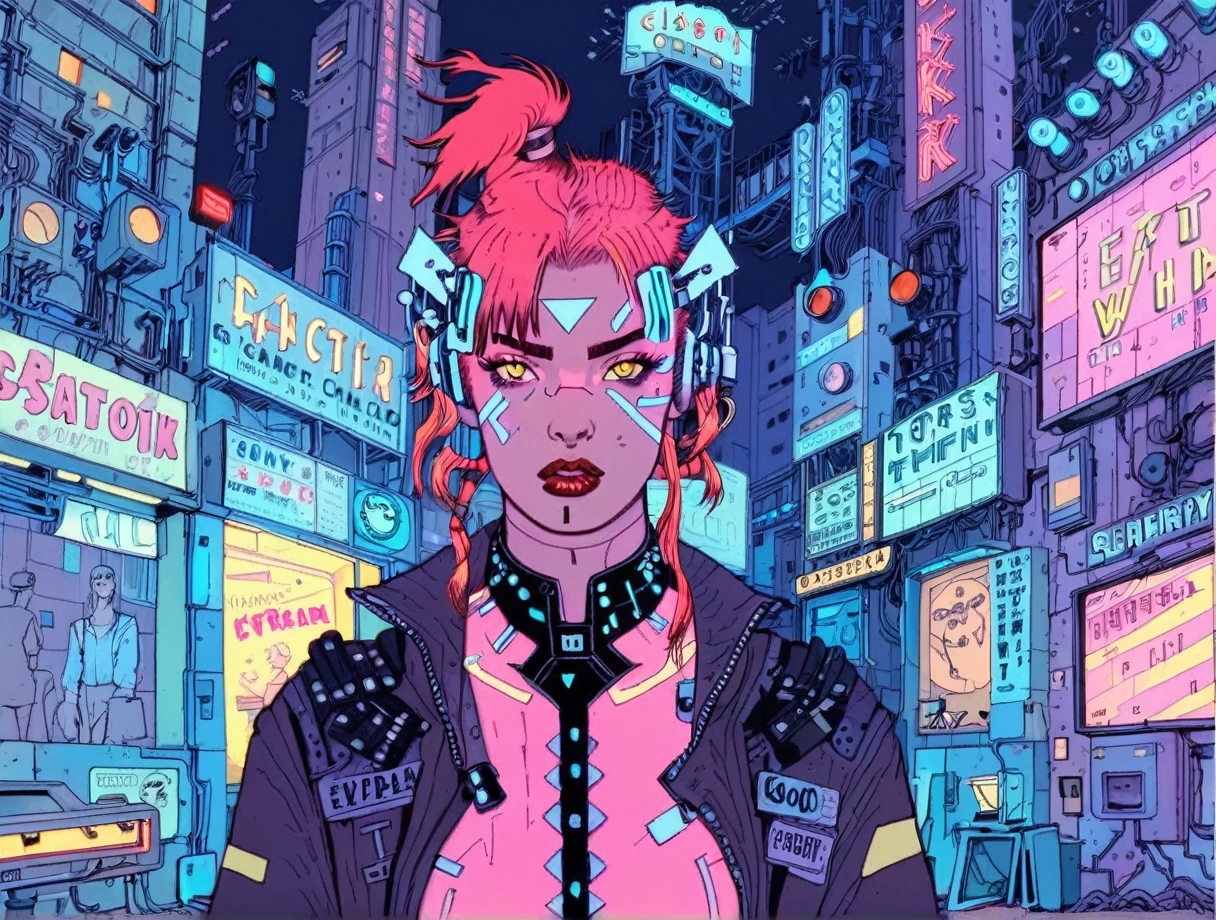 (a girl with a beautiful face), night time, cyber punk city, tenebrosa, raining, neon lights , (Josan González ,Neon Night), cyber punk, synthetic wave, 1980s, Futurism, brutalism, Neuromancer, cinematic photo at a rave, detailed hair, really short hair, Red hair,analog, the contrast in colors and textures should be distinct highy detailed, surreal, vibrant yet slightly desaturated, faded film, desaturated, 35mm photo, grainy, vignette, vintage, Kodacromo, Lomography, dappled, highy detailed, found footage,art by Adrian Tomine