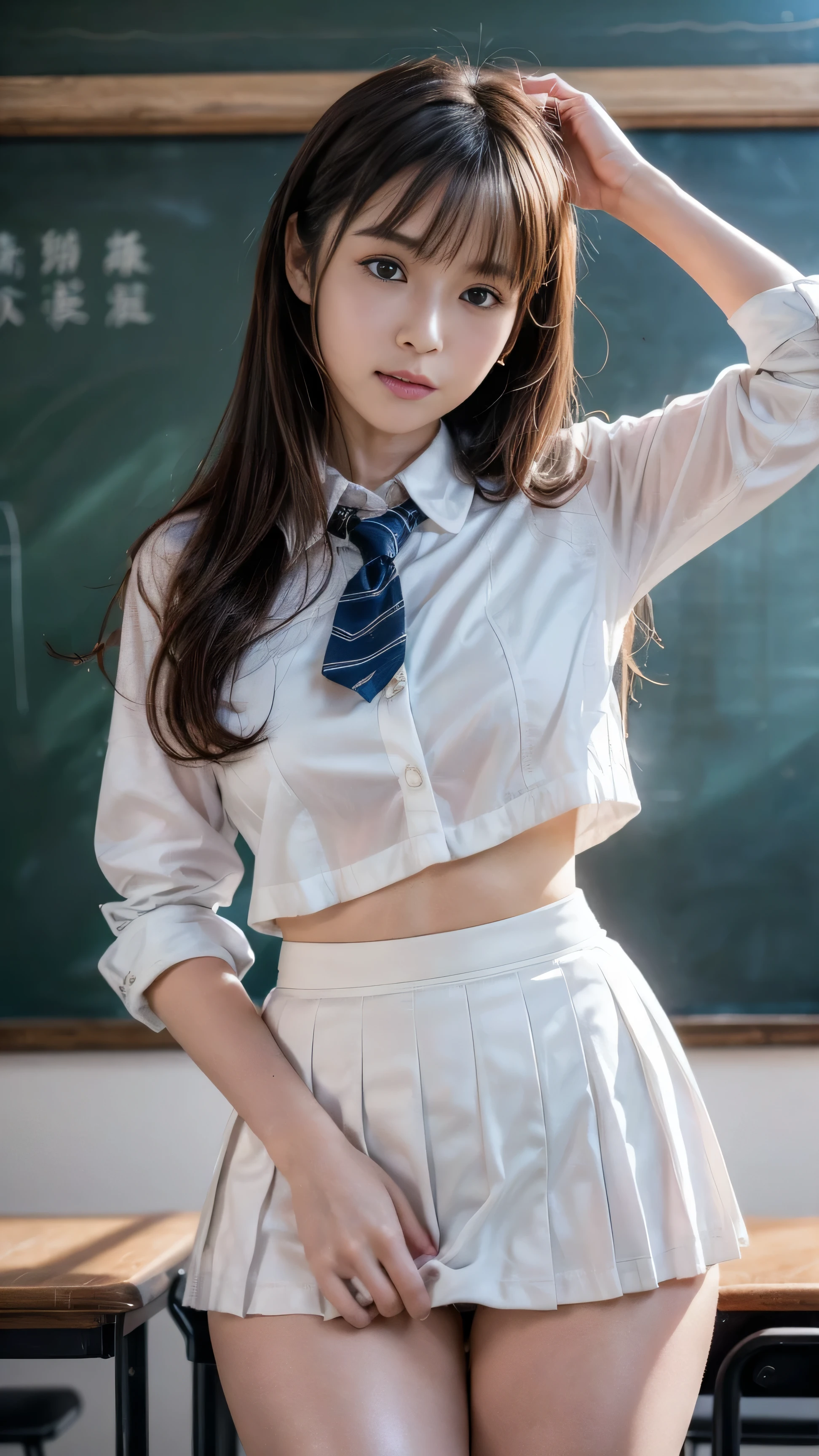 Best Quality, masutepiece, 超A high resolution, (Photorealistic:1.4), Raw photo,
Ultra realistic beautiful Japan schoolgirl,18 years old, Standing, (Clothes lift:1.5), Looking at Viewer, grin,
((Show panties:1.4)), NSFW, (School uniform:1.3), in class room