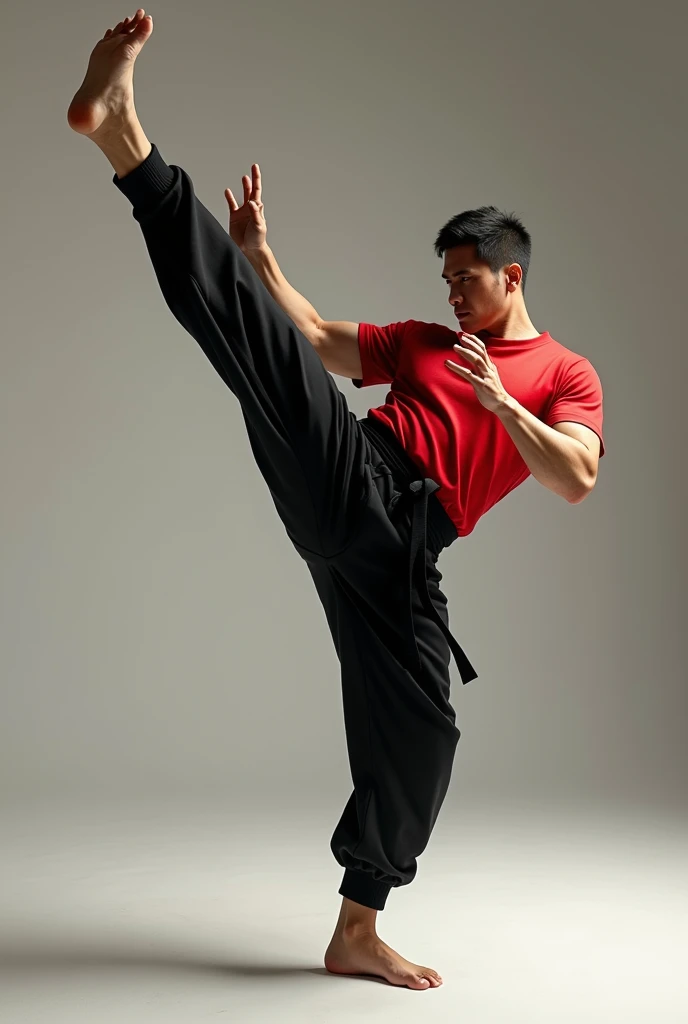 (photorealism:1.2), Man kicking super high in red shirt, black belt black sweatpants with black stripes, barefoot