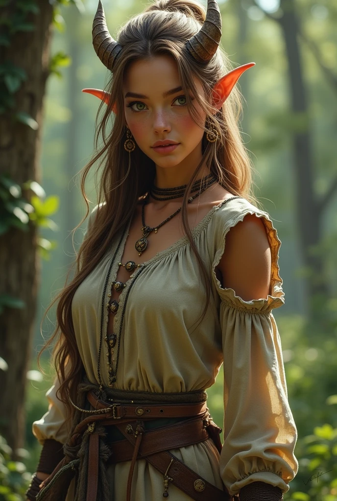 Female Human Druid character, Brown skin and light brown hair with light streaks, one eye green and the other brown with small horns and pointy ears with many earrings. Has a strong connection with nature. wears a peasant dress , Has a belt where she carries her weapons made of recycled materials she finds, Carries a bag made of tree bark.