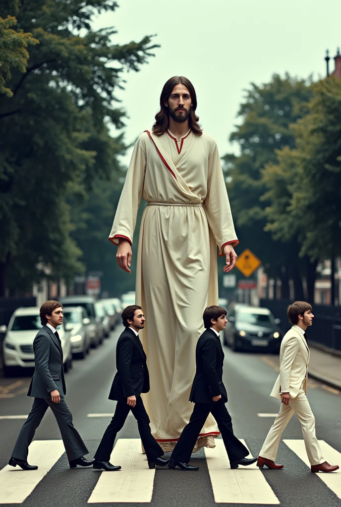 Photo of the Beatles on Abbey Road street, walking towards Jesus Christ of the Catholic religion, that Jesus Christ's face and body be seen