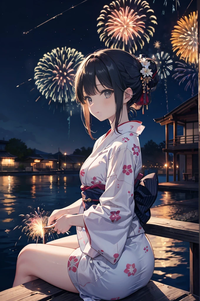 (masterpiece), 4K,woman, yukata,Small breasts,Black hair updo hairstyle,moonlight,Realistic, skinny, move,sit,((Fireworks display)),