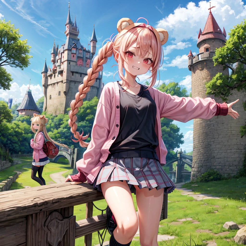 Pink Blonde、Red eyes、Hair tied up、Two cute、Checked mini skirt、black t-shirts、cardigan、Knee-high socks、bear ears baseball cap、Teeth are visible、Monster Castle、Tilting face、crossing the bridge、hazakura、windmill、grass、Stones are growing out of the ground.