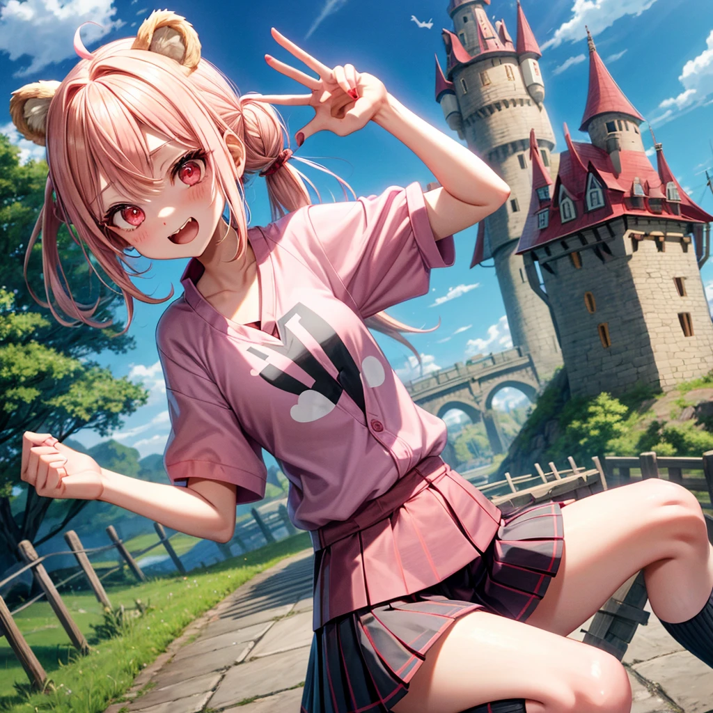 Pink Blonde、Red eyes、Hair tied up、Two cute、Checked mini skirt、black t-shirts、cardigan、Knee-high socks、bear ears baseball cap、Teeth are visible、Monster Castle、Tilting face、crossing the bridge、hazakura、windmill、grass、Stones are growing out of the ground.
