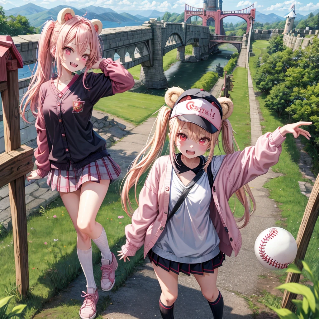 Pink Blonde、Red eyes、Hair tied up、Two cute、Checked mini skirt、black t-shirts、cardigan、Knee-high socks、bear ears baseball cap、Teeth are visible、Monster Castle、Tilting face、crossing the bridge、hazakura、windmill、grass、Stones are growing out of the ground.