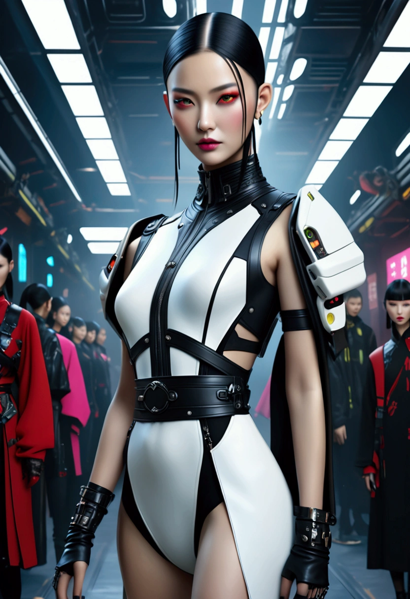 A fashion runway for alien technology , vogue photography , Inspired by Chinese Xianxia and cyberpunk。(Best quality,4K,8K,A high resolution,Masterpiece:1.2), (Realistic,Photorealistic,photo-realistic:1.37).
