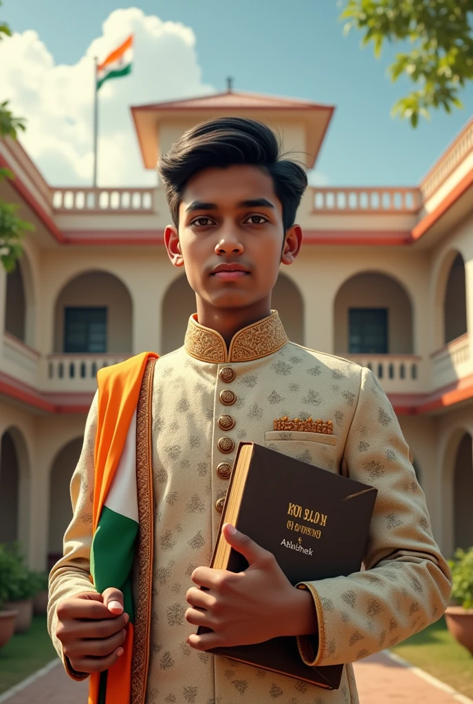 : “Portrait of an 18-year-old Indian boy in a smart sherwani, holding the Indian flag in one hand and a book in the other. He stands in front of a school building decorated for Independence Day. The name ‘Abhishek ‘ is engraved on his book, with ‘Knowledge is Power’ written in the sky.”