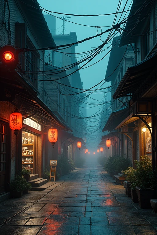 Cyberpunk city from sci-fi movie, empty street, night, chinoiserie buildings, old shop, irregular, circuit boards, wires, intricate, super detailed, realistic, hyper realistic, high quality, best, super detailed, crazy Detail, Very Detailed, Photorealistic, Epic Composition, Best Quality, 32k --v 6