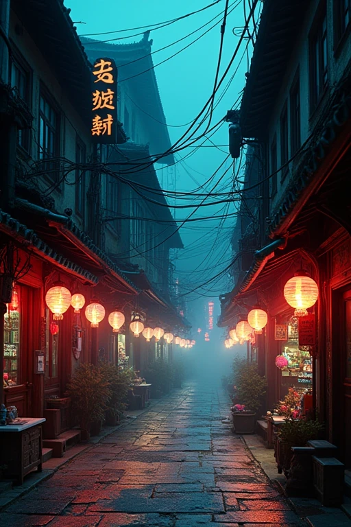 Cyberpunk city from sci-fi movie, empty street, night, chinoiserie buildings, old shop, irregular, circuit boards, wires, intricate, super detailed, realistic, hyper realistic, high quality, best, super detailed, crazy Detail, Very Detailed, Photorealistic, Epic Composition, Best Quality, 32k --v 6