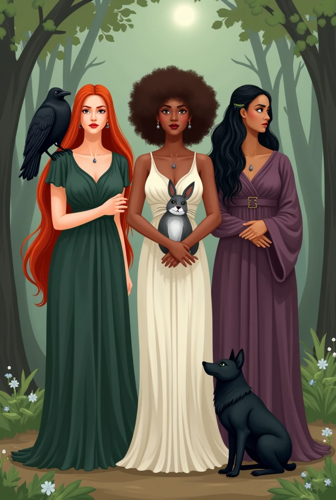 Phone wallpaper, Earthy tones, peaceful. Goddess Freya redhead straight hair dressed in dark green with a raven on her shoulder,
Also the goddess Kore with afro brown curly hair dressed in white Kore with a gray and white rabbit in her arms
and beside Hekate dressed in purple, wavy black hair and a black wolf at her feet. 2D drawing. simple art . forest background.