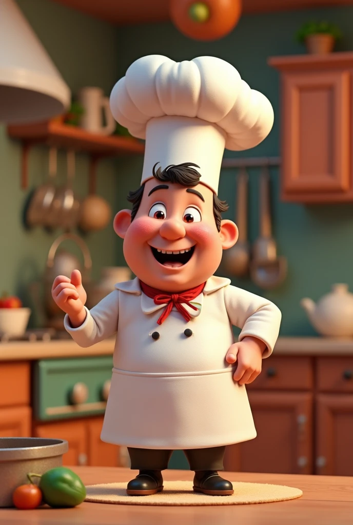 Create a 3D model of a chef in the Pixar style. The chef should have a friendly and charismatic appearance, with exaggerated and expressive features typical of the Pixar style. They should be wearing a white chef's uniform with a large, round chef's hat. The apron should be visibly clean and well-fitting. The chef should be in a dynamic pose, perhaps stirring a pot or holding a spatula with an animated smile on their face. The environment should be a stylized and colorful kitchen, with details like large, colorful utensils, Fresh and vibrant ingredients. The lighting should be soft and create a welcoming and cheerful atmosphere."
