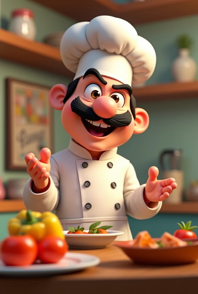 Create a 3D model of a chef in the Pixar style. The chef should have a friendly and charismatic appearance, with exaggerated and expressive features typical of the Pixar style. They should be wearing a white chef's uniform with a large, round chef's hat. The apron should be visibly clean and well-fitting. The chef should be in a dynamic pose, perhaps stirring a pot or holding a spatula with an animated smile on their face. The environment should be a stylized and colorful kitchen, with details like large, colorful utensils, Fresh and vibrant ingredients. The lighting should be soft and create a welcoming and cheerful atmosphere."