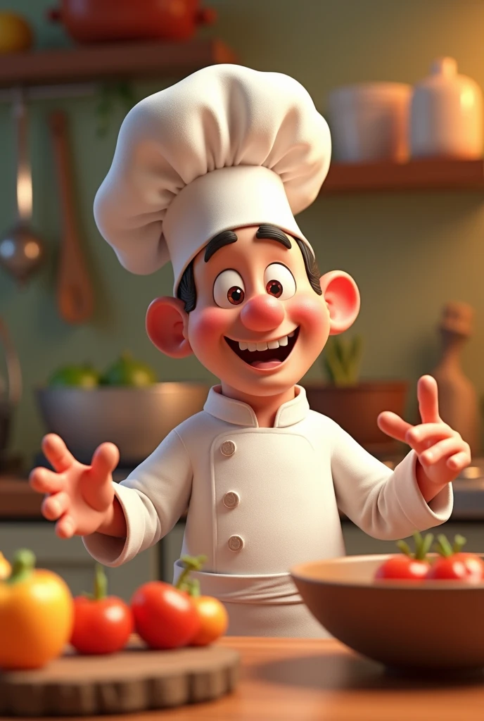 Create a 3D model of a chef in the Pixar style. The chef should have a friendly and charismatic appearance, with exaggerated and expressive features typical of the Pixar style. They should be wearing a white chef's uniform with a large, round chef's hat. The apron should be visibly clean and well-fitting. The chef should be in a dynamic pose, perhaps stirring a pot or holding a spatula with an animated smile on their face. The environment should be a stylized and colorful kitchen, with details like large, colorful utensils, Fresh and vibrant ingredients. The lighting should be soft and create a welcoming and cheerful atmosphere."
