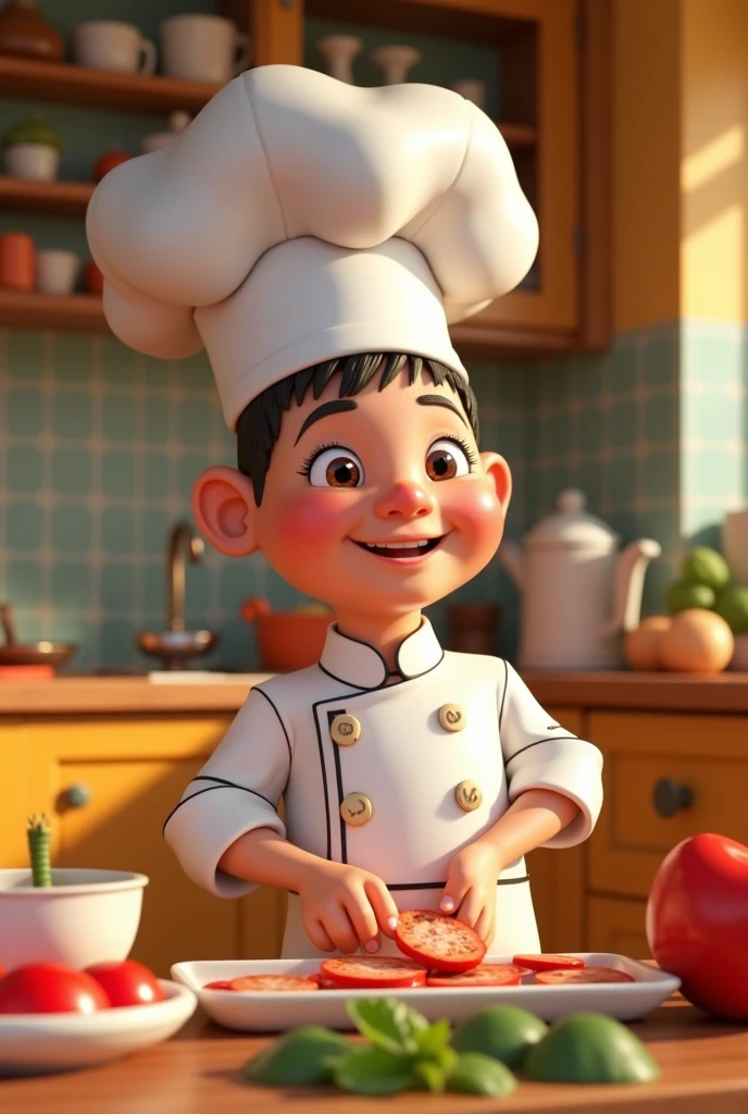 Create a 3D model of a chef in the Pixar style. The chef should have a friendly and charismatic appearance, with exaggerated and expressive features typical of the Pixar style. They should be wearing a white chef's uniform with a large, round chef's hat. The apron should be visibly clean and well-fitting. The chef should be in a dynamic pose, perhaps stirring a pot or holding a spatula with an animated smile on their face. The environment should be a stylized and colorful kitchen, with details like large, colorful utensils, Fresh and vibrant ingredients. The lighting should be soft and create a welcoming and cheerful atmosphere."