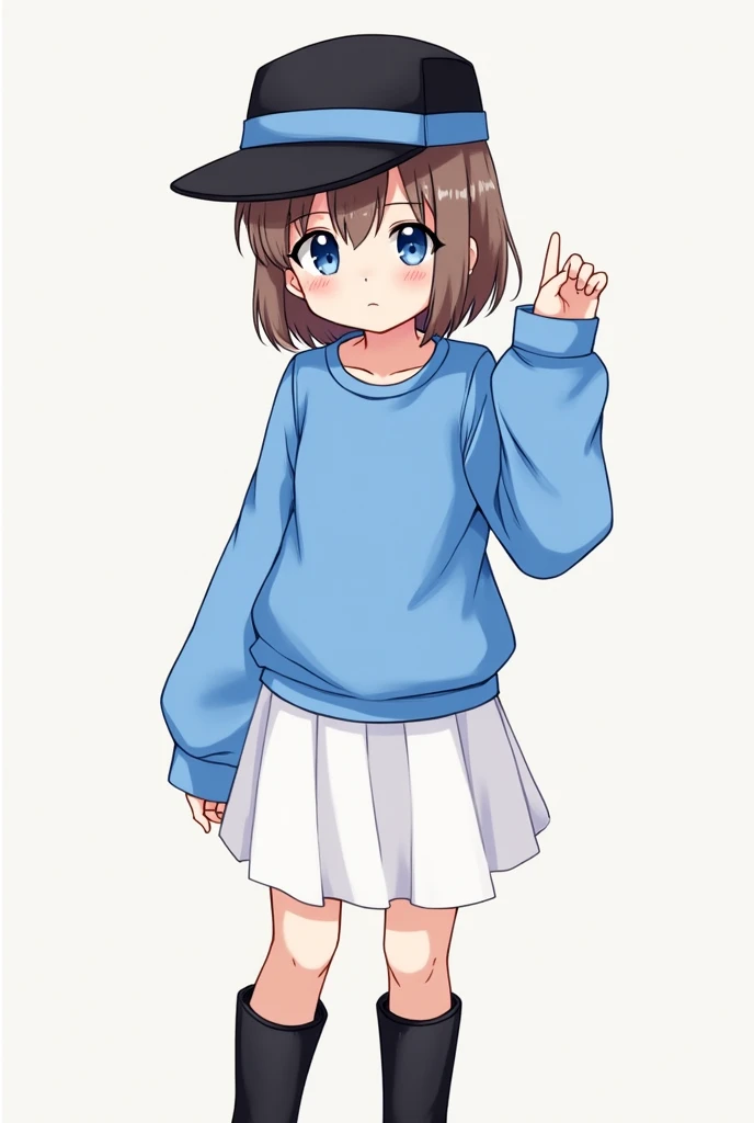 Female, Anime, , Short brown-haired, Faired skin, Blue eyes, Black hat with a singular blue stripe, Blue long-sleeved shirt, White skirt, Black boots