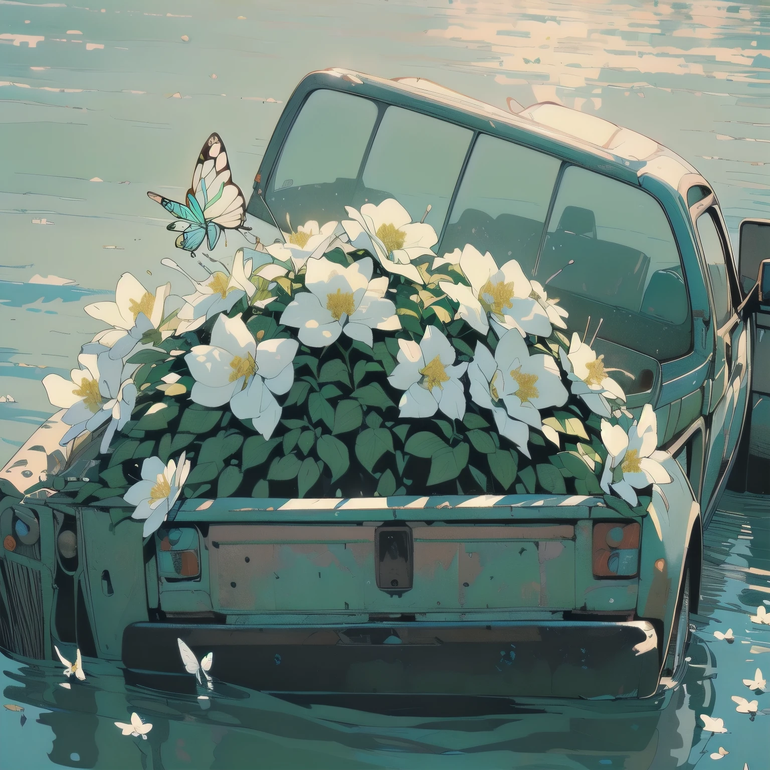 (((Masterpiece, top quality))), (((32K wallpaper))), ultra high resolution, (((close-up))), gorgeous light leak, (((backlit))), highly detailed background, top quality, (((no humans))), highly transparent river, (((extremely detailed rusty heavy truck with many white flowers)),  (((( very dull color )))), (((( white flowers in the water))), (((Colorful butterfly))),(((Strong light shines in)))