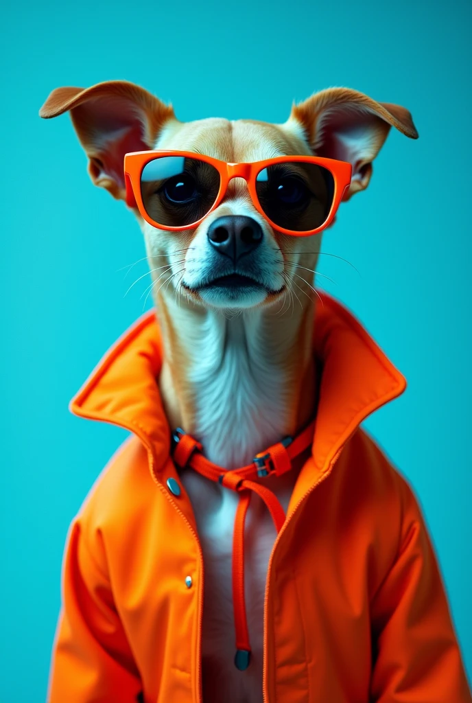 The best cell phone wallpaper, Award-Winning Wallpaper, portrait photography, In the front view is a portrait of a cute dog wearing mid-1960s space age fashion, Side view photo, Shot with Canon EOS R5, Set a strong contrast that accentuates the subject, Fluorescent blue tone, Wearing a very modern coat and sunglasses is a modern 1960s style, Clothes all in one color, beautiful background