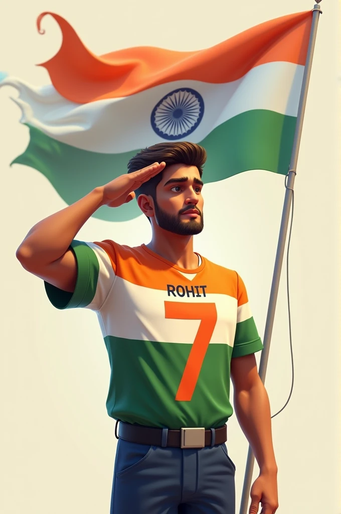 

Create a 3D illustration of a 26-year-old boy saluting the national flag of India. He is wearing a shirt whose print is like the Bharat flag and written “ROHIT” along with the number 7 and independence day on its back.
