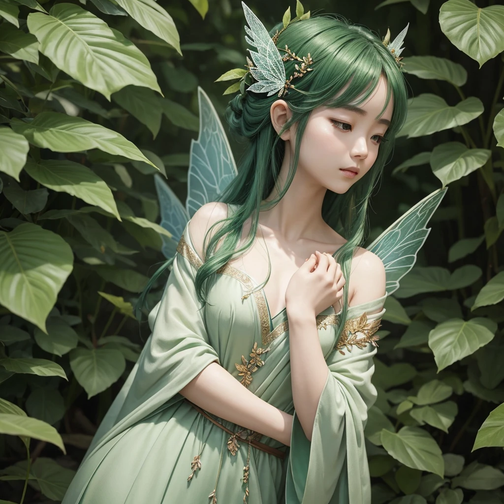 「Depict the leaf fairy with a calm and focused expression、Ensure the hands are clasped firmly in front of the chest as if in prayer.。Make sure the green hair and delicate leaf-like wings are visible、Focus on the upper body and hand movements。The background should be strongly blurred、Draw attention to the fairy's prayerful posture。with soft, natural tones、Emphasize the tranquility and devotional feeling。」