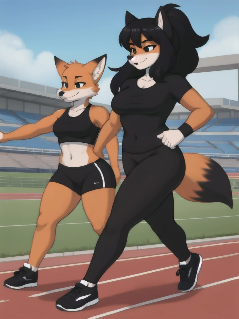 Furry, fox, female, black shirt, black leggings, shoes, running track, friends, full body
