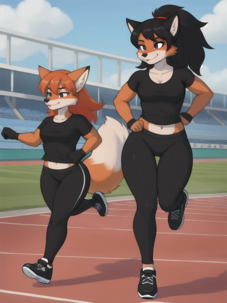 Furry, fox, female, black shirt, black leggings, shoes, running track, friends, full body