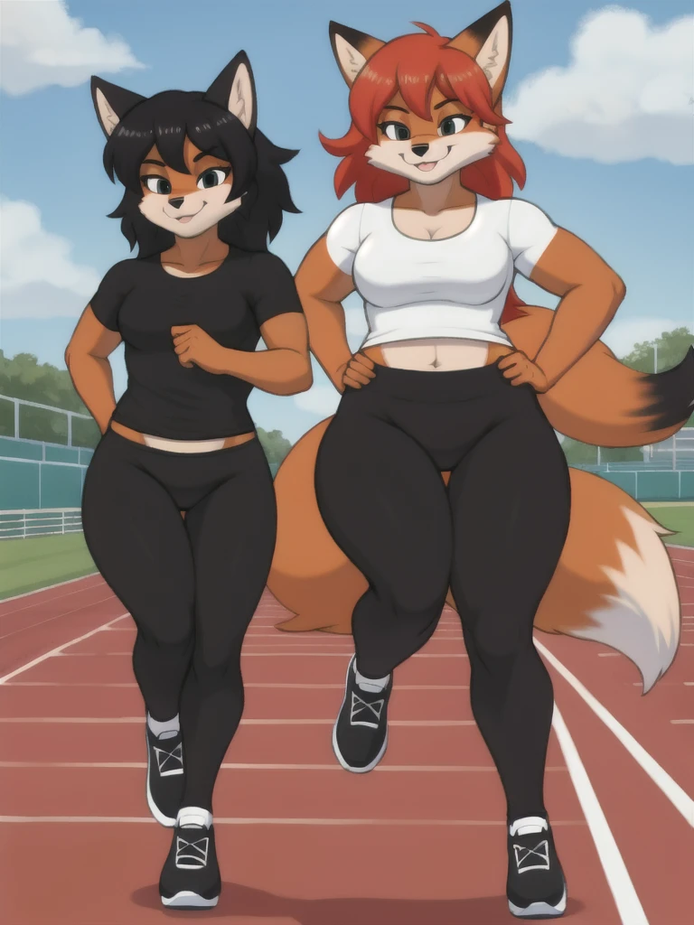 Furry, fox, female, black shirt, black leggings, shoes, running track, friends, full body