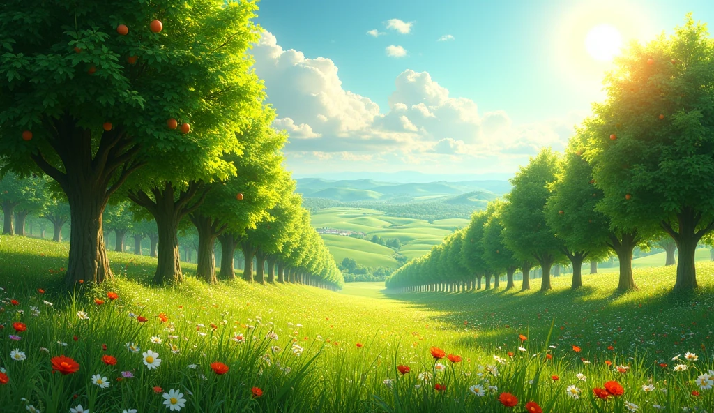 Image of green fields and fruit trees,Represents vegetation created by God.