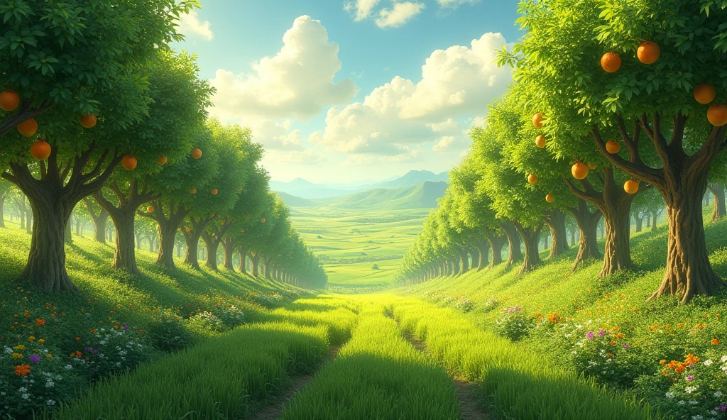 Image of green fields and fruit trees,Represents vegetation created by God.